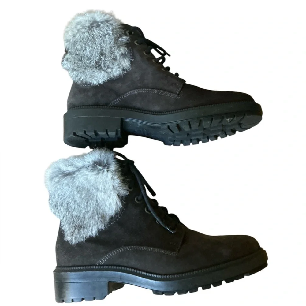 Aquatalia Lacy Suede Lace Up Combat Ankle Boots Dark Brown Rabbit Fur Trim 8.5